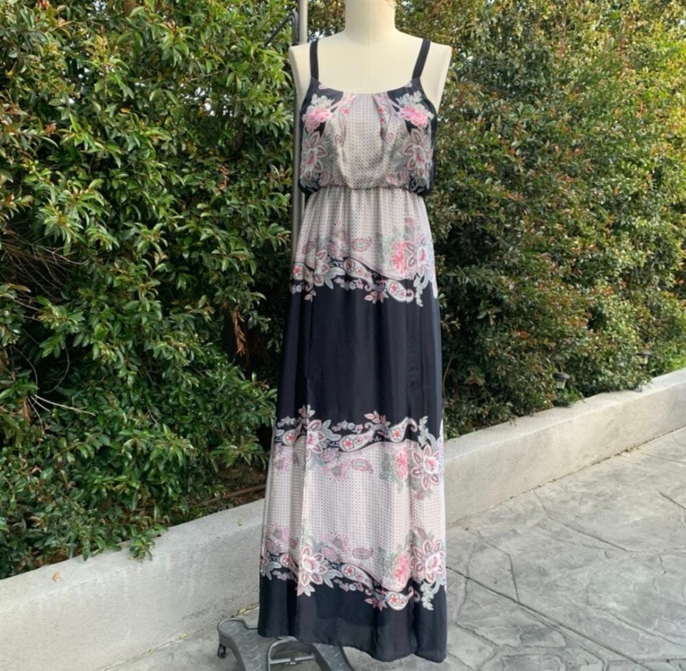 Guess by Marciano Silky Floral Maxi Dress Black Pink Small Medium Boho USA Made